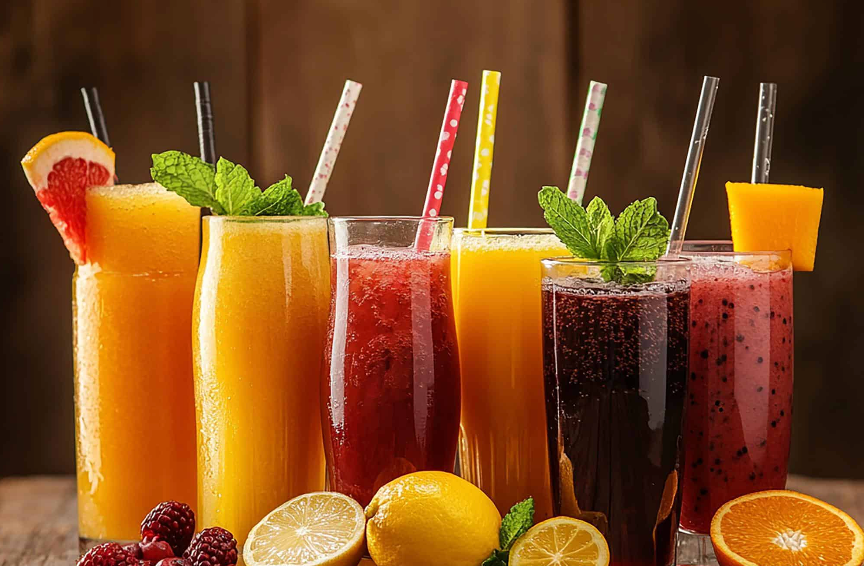 A lineup of fresh juices and smoothies with berries, mango, and citrus